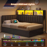 DICTAC | Twin Corner Bed with Hydraulic Storage, Bookcase, Charging Station & LED Lights - Black