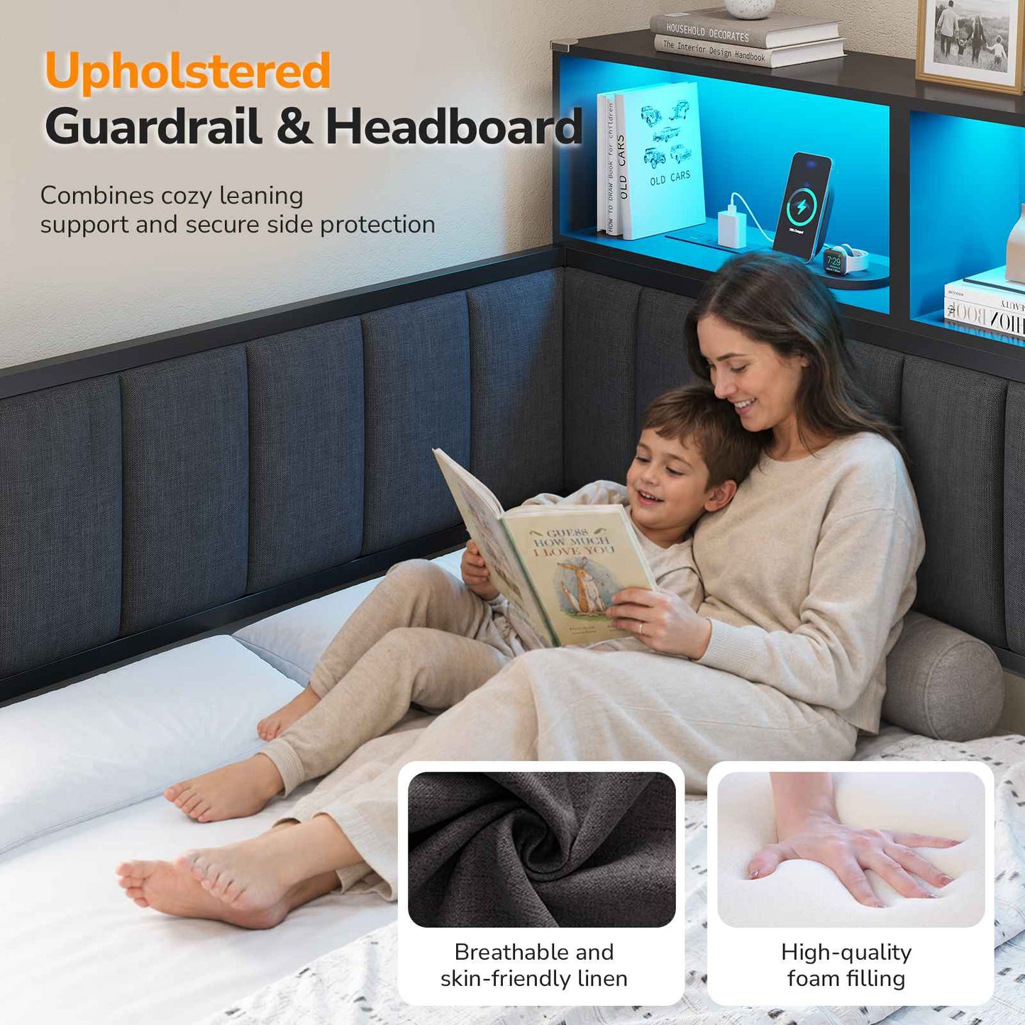 DICTAC Twin Size Corner Storage Bed Frame with L-Shaped Upholstered Guardrails, Hydraulic Lift Storage, Side Bookcase, Charging Station & LED Lights, Black