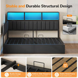 DICTAC | Twin Corner Bed with Hydraulic Storage, Bookcase, Charging Station & LED Lights - Black