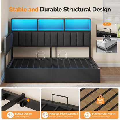 DICTAC Twin Size Corner Storage Bed Frame with L-Shaped Upholstered Guardrails, Hydraulic Lift Storage, Side Bookcase, Charging Station & LED Lights, Black