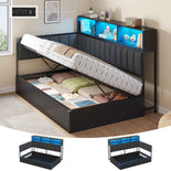 DICTAC | Twin Corner Bed with Hydraulic Storage, Bookcase, Charging Station & LED Lights - Black