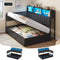 DICTAC Twin Size Corner Storage Bed Frame with L-Shaped Upholstered Guardrails, Hydraulic Lift Storage, Side Bookcase, Charging Station & LED Lights, Black
