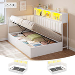 DICTAC | Twin Corner Bed with Hydraulic Storage, Bookcase, Charging Station & LED Lights - White