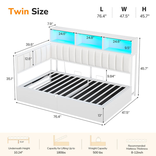 DICTAC Twin Size Corner Storage Bed Frame with L-Shaped Upholstered Guardrails, Hydraulic Lift Storage, Side Bookcase, Charging Station & LED Lights, White