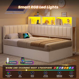 DICTAC | Twin Corner Bed with Hydraulic Storage, Bookcase, Charging Station & LED Lights - White