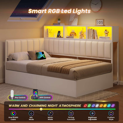 DICTAC Twin Size Corner Storage Bed Frame with L-Shaped Upholstered Guardrails, Hydraulic Lift Storage, Side Bookcase, Charging Station & LED Lights, White