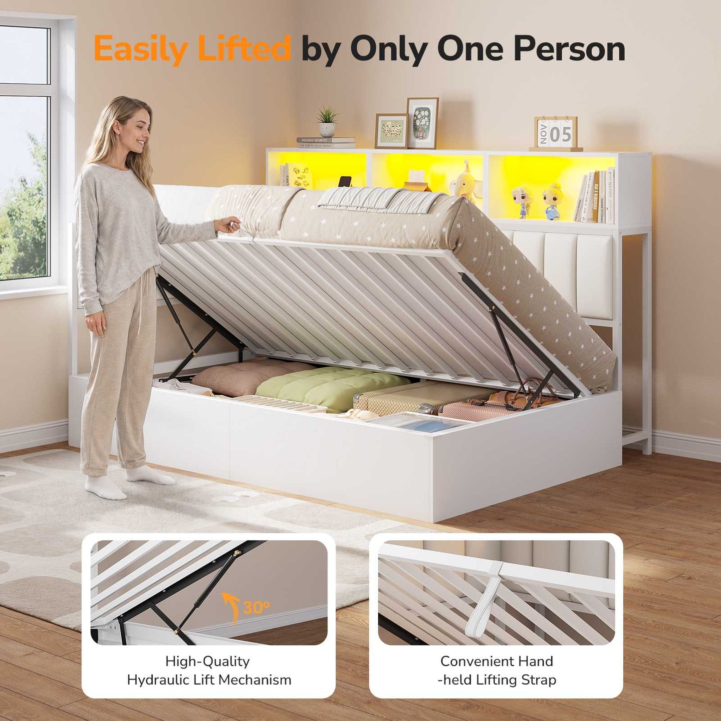 DICTAC Twin Size Corner Storage Bed Frame with L-Shaped Upholstered Guardrails, Hydraulic Lift Storage, Side Bookcase, Charging Station & LED Lights, White