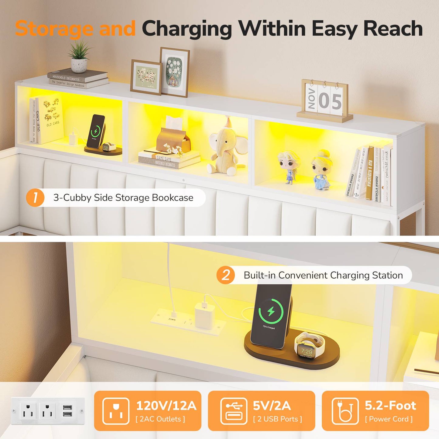 DICTAC Twin Size Corner Storage Bed Frame with L-Shaped Upholstered Guardrails, Hydraulic Lift Storage, Side Bookcase, Charging Station & LED Lights, White