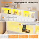 DICTAC | Twin Corner Bed with Hydraulic Storage, Bookcase, Charging Station & LED Lights - White