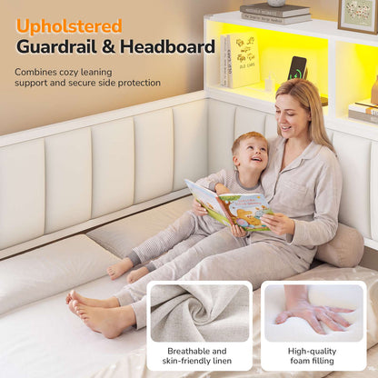 DICTAC Twin Size Corner Storage Bed Frame with L-Shaped Upholstered Guardrails, Hydraulic Lift Storage, Side Bookcase, Charging Station & LED Lights, White