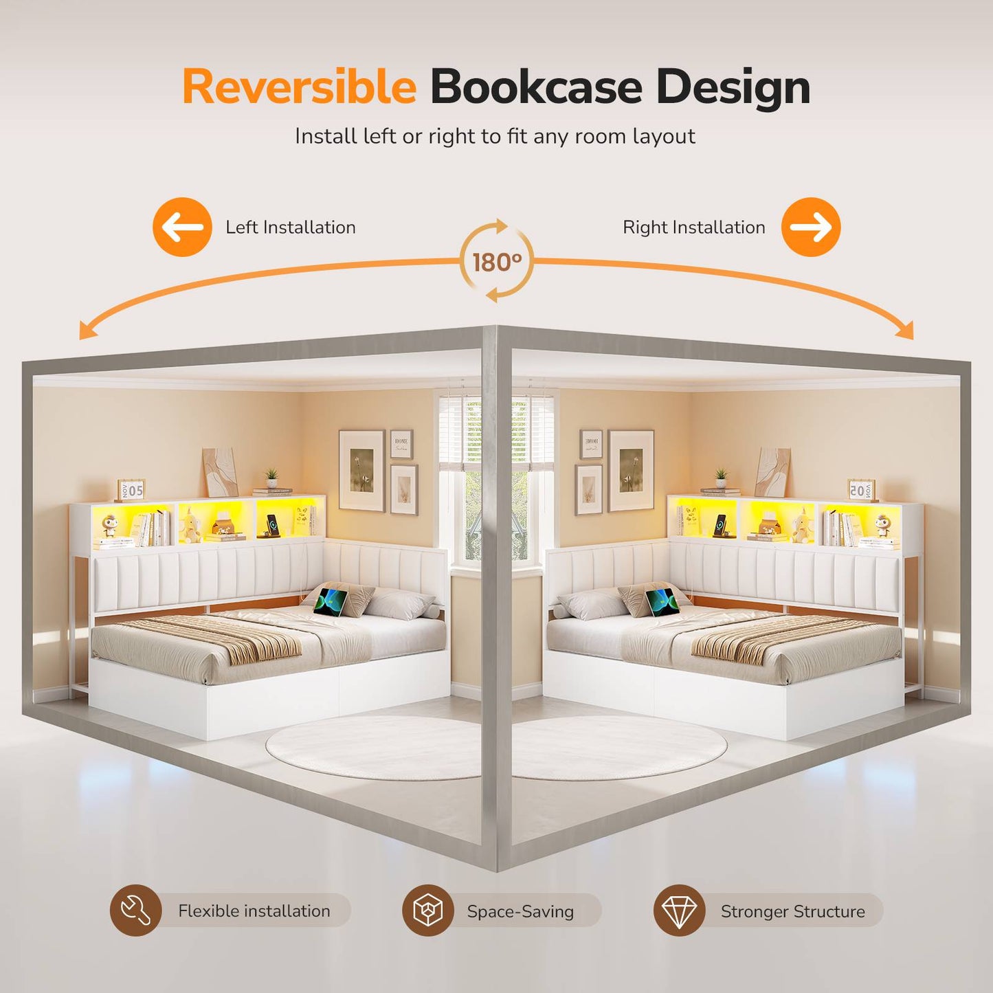 DICTAC Twin Size Corner Storage Bed Frame with L-Shaped Upholstered Guardrails, Hydraulic Lift Storage, Side Bookcase, Charging Station & LED Lights, White