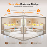 DICTAC | Twin Corner Bed with Hydraulic Storage, Bookcase, Charging Station & LED Lights - White