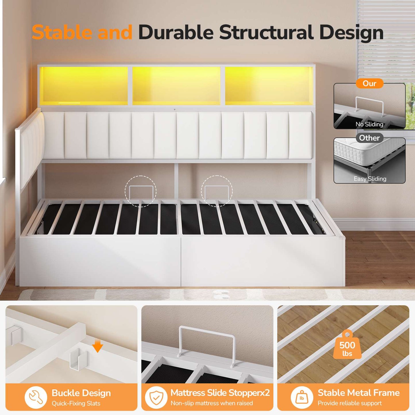 DICTAC Twin Size Corner Storage Bed Frame with L-Shaped Upholstered Guardrails, Hydraulic Lift Storage, Side Bookcase, Charging Station & LED Lights, White