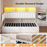 DICTAC | Twin Corner Bed with Hydraulic Storage, Bookcase, Charging Station & LED Lights - White