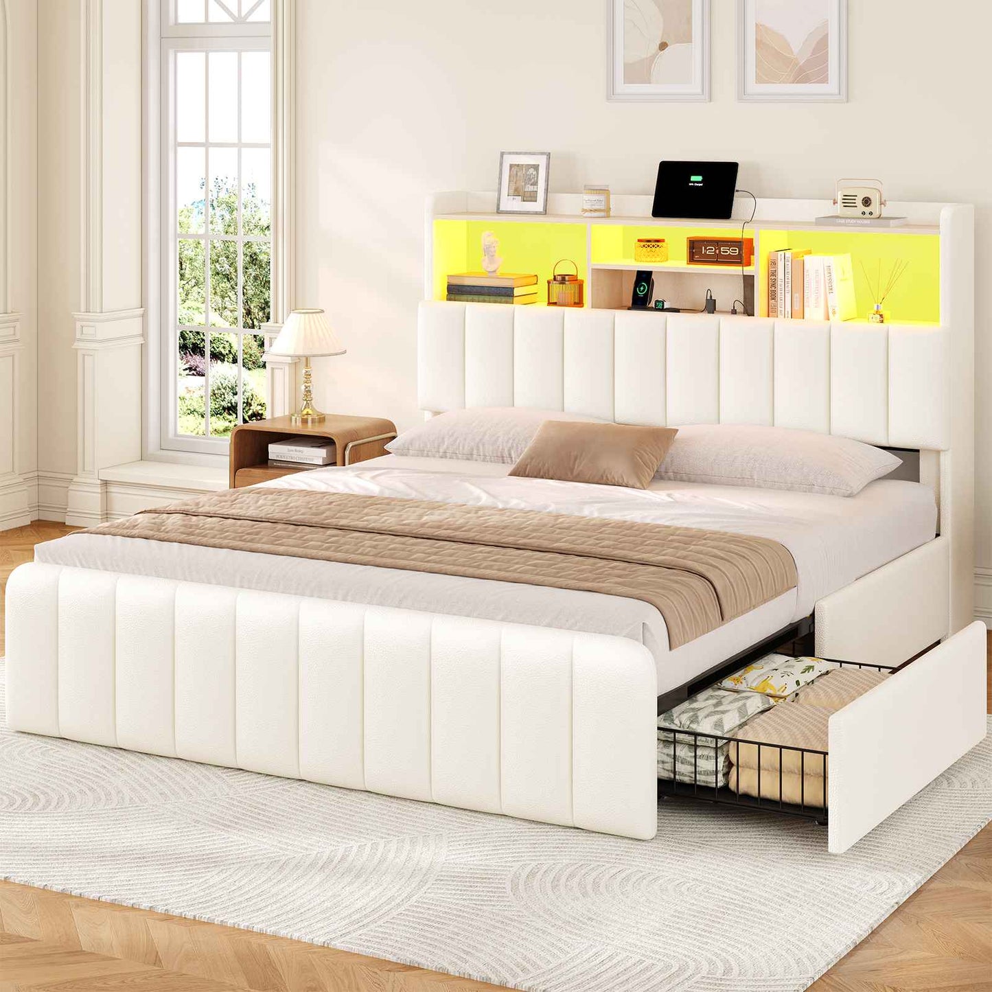 DICTAC | Upholstered Bed Frame with Storage Headboard, 4 Oversized Drawers, RGB LED Lights & Charging Station, Noise-Free Metal Platform Bed, White