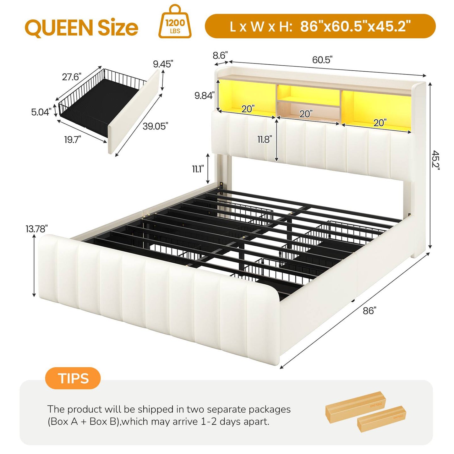 DICTAC | Upholstered Bed Frame with Storage Headboard, 4 Oversized Drawers, RGB LED Lights & Charging Station, Noise-Free Metal Platform Bed, White