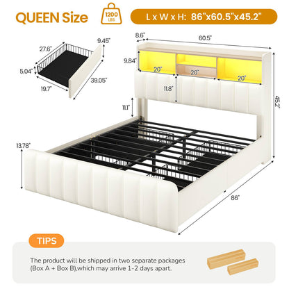 DICTAC | Upholstered Bed Frame with Storage Headboard, 4 Oversized Drawers, RGB LED Lights & Charging Station, Noise-Free Metal Platform Bed, White
