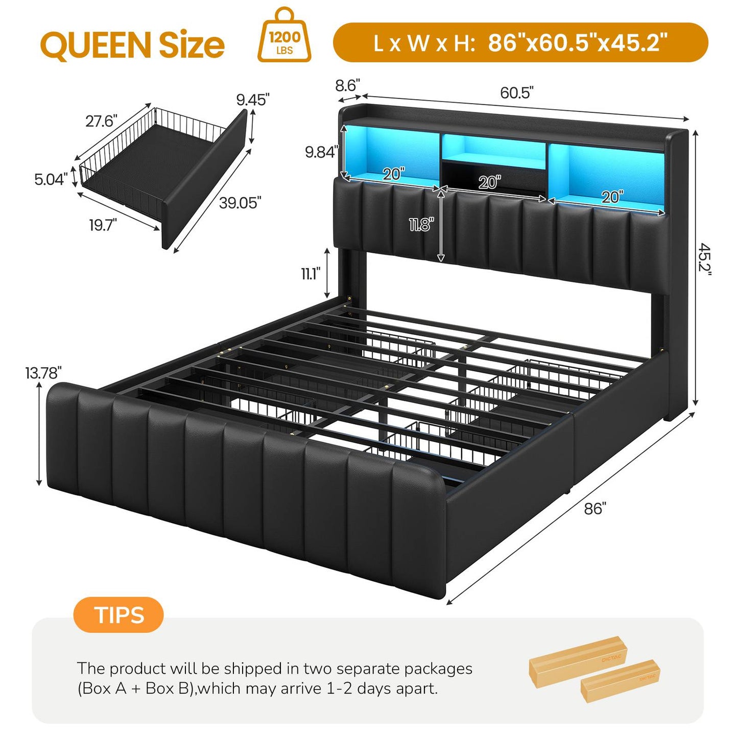 DICTAC | Upholstered Bed Frame with Storage Headboard, 4 Oversized Drawers, RGB LED Lights & Charging Station, Noise-Free Metal Platform Bed, Black