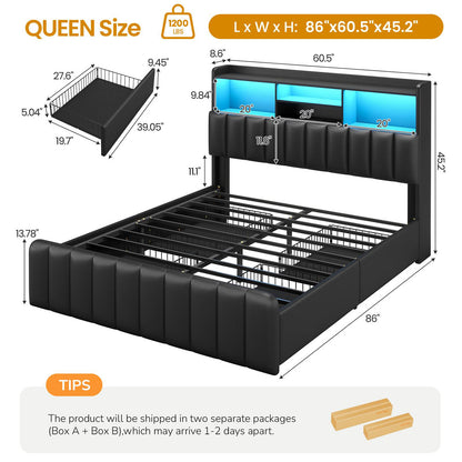 DICTAC | Upholstered Bed Frame with Storage Headboard, 4 Oversized Drawers, RGB LED Lights & Charging Station, Noise-Free Metal Platform Bed, Black
