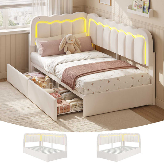 DICTAC | Corner Bed Frame with Storage Drawers, LED Lights & Charging Station, Upholstered Daybed with Adjustable Wavy Headboard - Beige