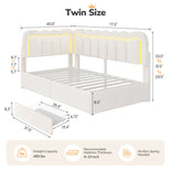 DICTAC | Corner Bed Frame with Storage Drawers, LED Lights & Charging Station, Upholstered Daybed with Adjustable Wavy Headboard - Beige
