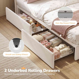 DICTAC | Corner Bed Frame with Storage Drawers, LED Lights & Charging Station, Upholstered Daybed with Adjustable Wavy Headboard - Beige