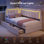DICTAC | Corner Bed Frame with Storage Drawers, LED Lights & Charging Station, Upholstered Daybed with Adjustable Wavy Headboard - Beige