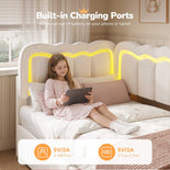DICTAC | Corner Bed Frame with Storage Drawers, LED Lights & Charging Station, Upholstered Daybed with Adjustable Wavy Headboard - Beige