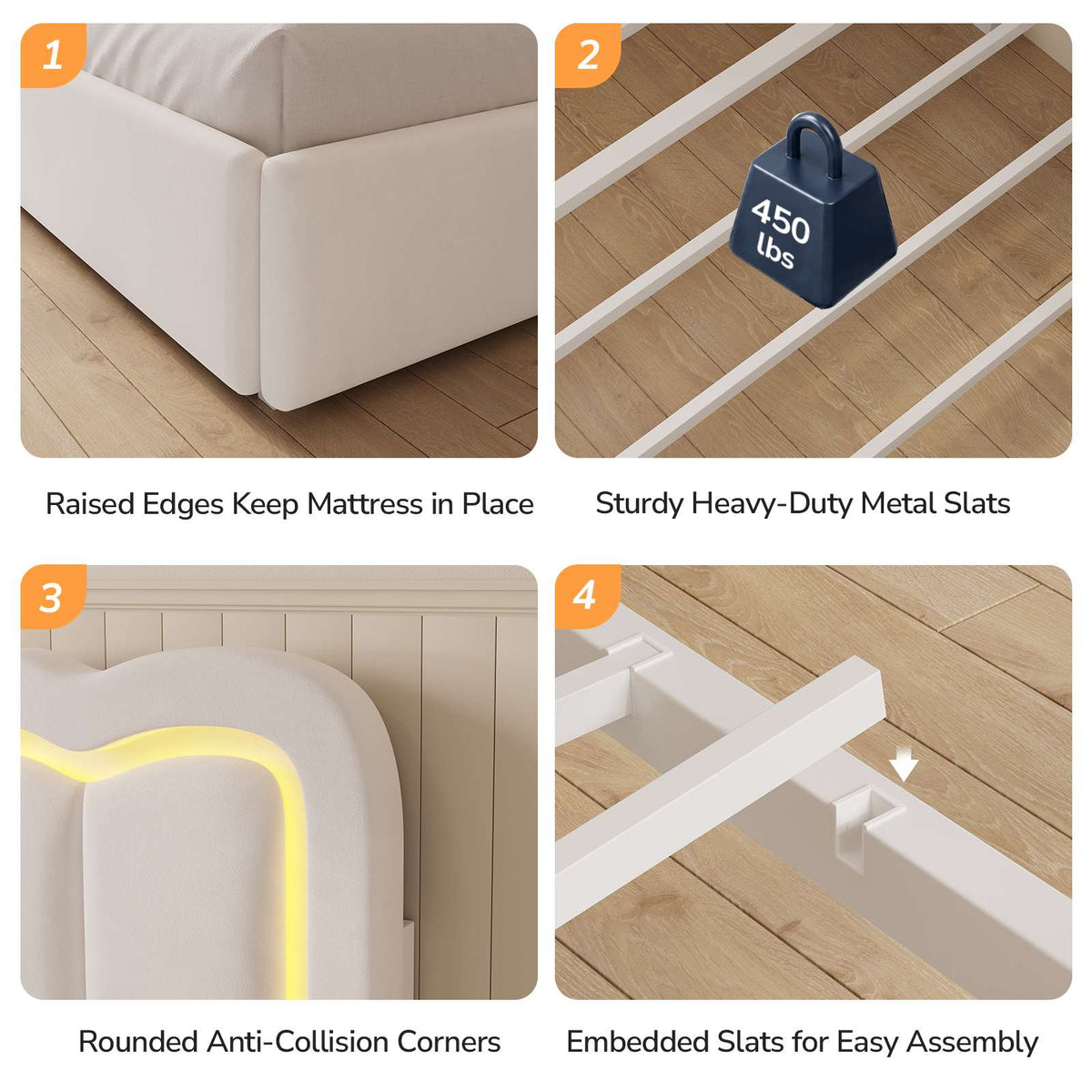 DICTAC | Corner Bed Frame with Storage Drawers, LED Lights & Charging Station, Upholstered Daybed with Adjustable Wavy Headboard - Beige