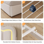 DICTAC | Corner Bed Frame with Storage Drawers, LED Lights & Charging Station, Upholstered Daybed with Adjustable Wavy Headboard - Beige