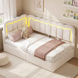 DICTAC | Corner Bed Frame with Storage Drawers, LED Lights & Charging Station, Upholstered Daybed with Adjustable Wavy Headboard - Beige