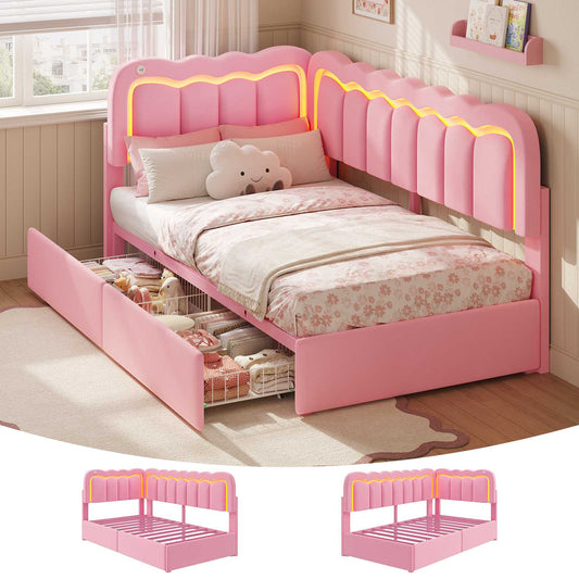 DICTAC | Corner Bed Frame with Storage Drawers, LED Lights & Charging Station, Upholstered Daybed with Adjustable Wavy Headboard - Pink