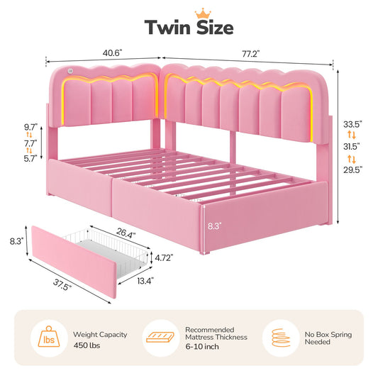 DICTAC | Corner Bed Frame with Storage Drawers, LED Lights & Charging Station, Upholstered Daybed with Adjustable Wavy Headboard - Pink