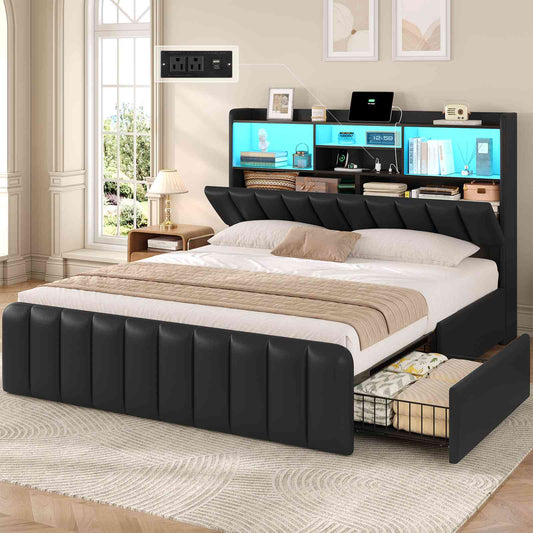 DICTAC | Bed Frame with 4 Storage Drawers, Headboard, Charging Station & RGB LED Lights - Black