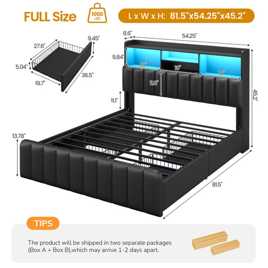 DICTAC | Bed Frame with 4 Storage Drawers, Headboard, Charging Station & RGB LED Lights - Black
