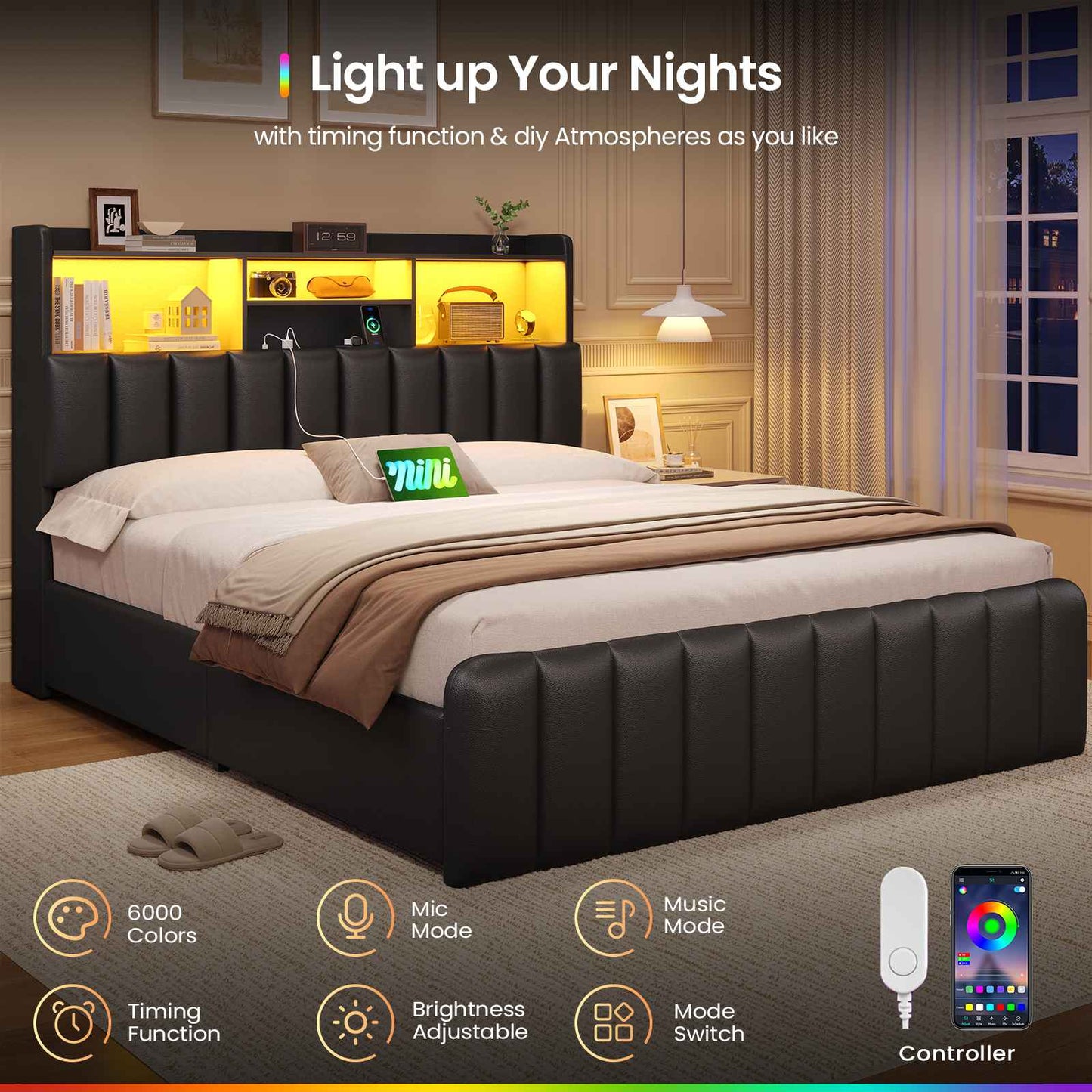 DICTAC | Upholstered Bed Frame with Storage Headboard, 4 Oversized Drawers, RGB LED Lights & Charging Station, Noise-Free Metal Platform Bed, Black