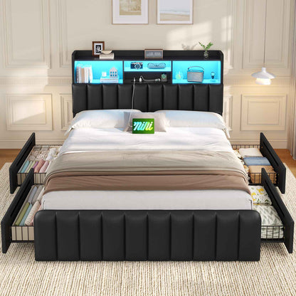 DICTAC | Upholstered Bed Frame with Storage Headboard, 4 Oversized Drawers, RGB LED Lights & Charging Station, Noise-Free Metal Platform Bed, Black