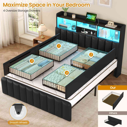 DICTAC | Upholstered Bed Frame with Storage Headboard, 4 Oversized Drawers, RGB LED Lights & Charging Station, Noise-Free Metal Platform Bed, Black
