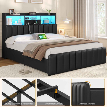 DICTAC | Upholstered Bed Frame with Storage Headboard, 4 Oversized Drawers, RGB LED Lights & Charging Station, Noise-Free Metal Platform Bed, Black