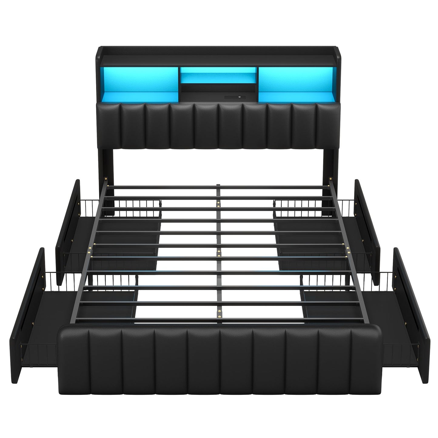DICTAC | Upholstered Bed Frame with Storage Headboard, 4 Oversized Drawers, RGB LED Lights & Charging Station, Noise-Free Metal Platform Bed, Black