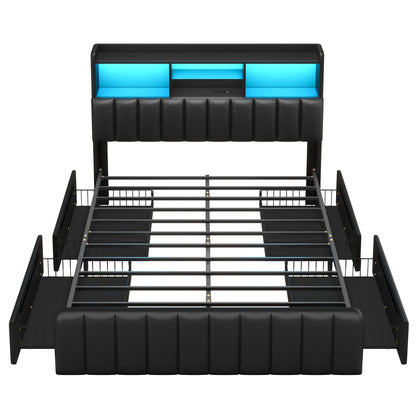 DICTAC | Upholstered Bed Frame with Storage Headboard, 4 Oversized Drawers, RGB LED Lights & Charging Station, Noise-Free Metal Platform Bed, Black