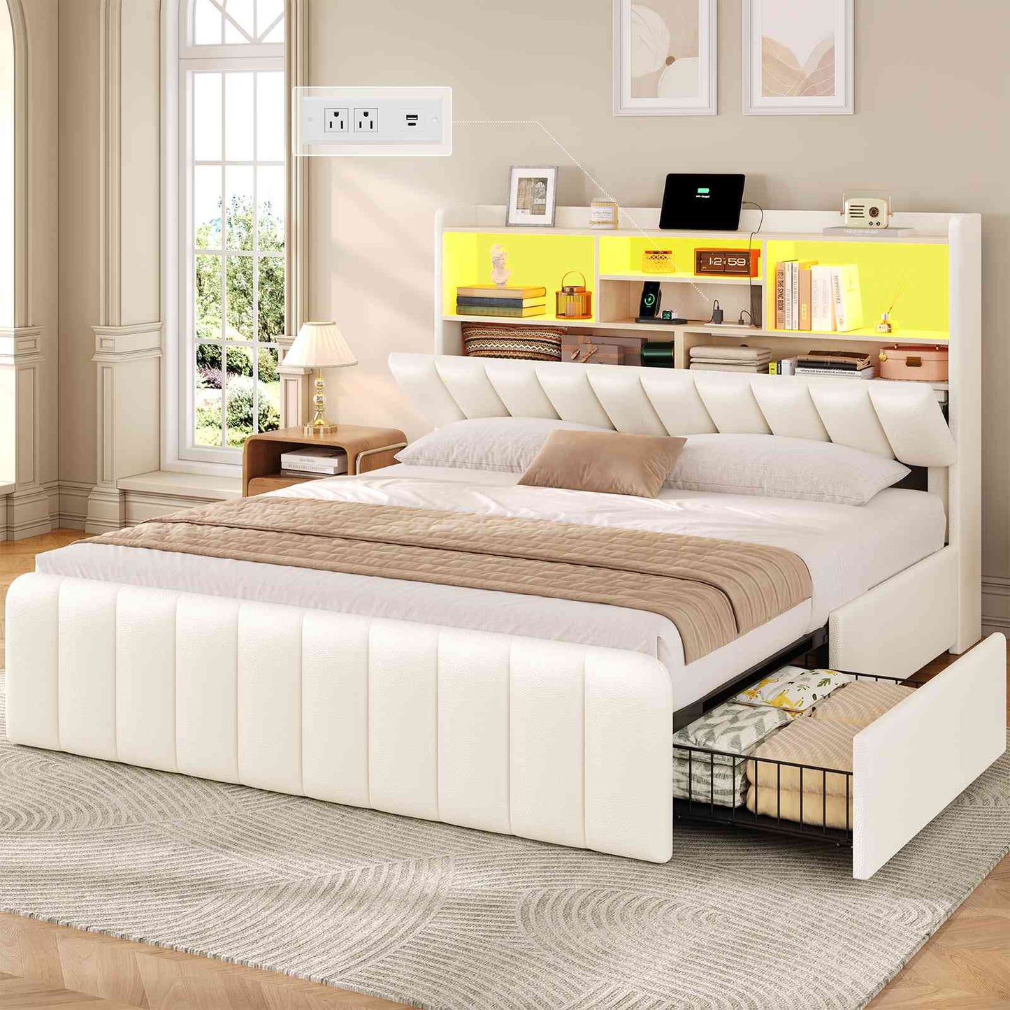 DICTAC | Upholstered Bed Frame with Storage Headboard, 4 Oversized Drawers, RGB LED Lights & Charging Station, Noise-Free Metal Platform Bed, White