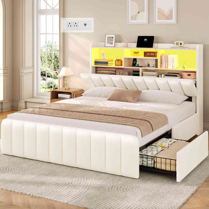 DICTAC | Upholstered Bed Frame with Storage Headboard, 4 Oversized Drawers, RGB LED Lights & Charging Station, Noise-Free Metal Platform Bed, White