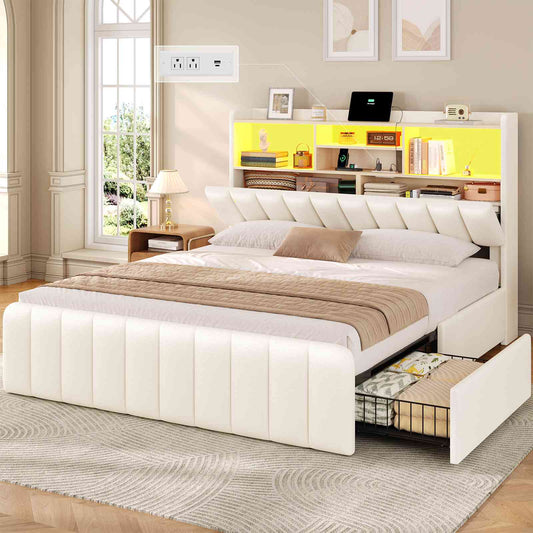 DICTAC | Bed Frame with 4 Storage Drawers, Headboard, Charging Station & RGB LED Lights - White