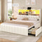 DICTAC | Upholstered Bed Frame with Storage Headboard, 4 Oversized Drawers, RGB LED Lights & Charging Station, Noise-Free Metal Platform Bed, White