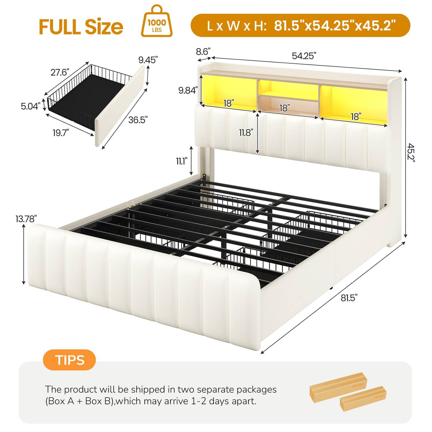 DICTAC | Upholstered Bed Frame with Storage Headboard, 4 Oversized Drawers, RGB LED Lights & Charging Station, Noise-Free Metal Platform Bed, White