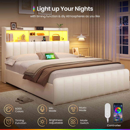 DICTAC | Upholstered Bed Frame with Storage Headboard, 4 Oversized Drawers, RGB LED Lights & Charging Station, Noise-Free Metal Platform Bed, White