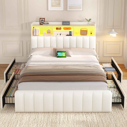 DICTAC | Upholstered Bed Frame with Storage Headboard, 4 Oversized Drawers, RGB LED Lights & Charging Station, Noise-Free Metal Platform Bed, White
