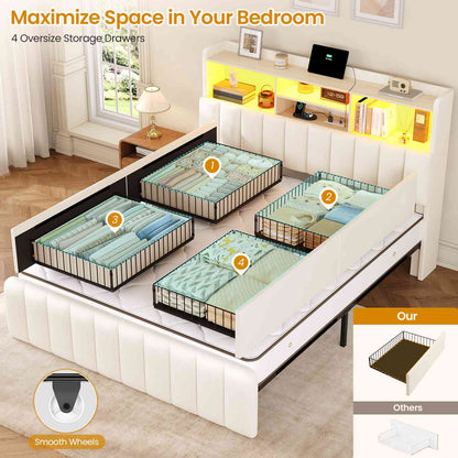 DICTAC | Upholstered Bed Frame with Storage Headboard, 4 Oversized Drawers, RGB LED Lights & Charging Station, Noise-Free Metal Platform Bed, White