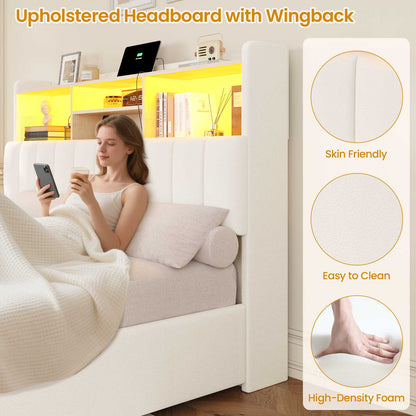 DICTAC | Upholstered Bed Frame with Storage Headboard, 4 Oversized Drawers, RGB LED Lights & Charging Station, Noise-Free Metal Platform Bed, White